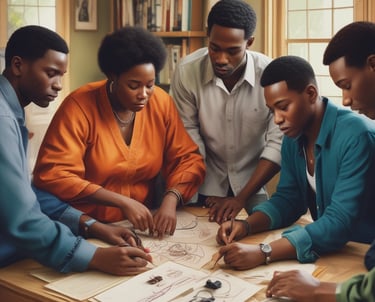 A group of six adults stand in front of a colorful mural with motivational phrases and cartoon-like drawings. They appear relaxed and confident, dressed in casual attire with matching t-shirts.
