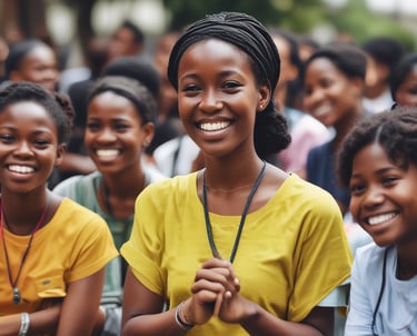 Six women pose confidently in front of a vibrant, colorful mural depicting large floral designs. The background consists of pink, green, and red hues. Each woman is dressed in stylish, contemporary outfits, ranging from white dresses to casual tops and pants. Their expressions and poses convey a sense of strength and empowerment.