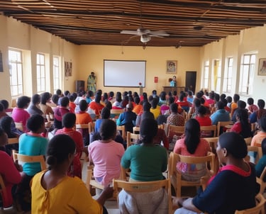 A group of women wearing casual clothing are engaging with children in a colorful room. The walls are painted with bright circles and letters. Some of the women are seated, serving food or interacting with the children, while one stands using a phone. The children are sitting or kneeling on the floor, holding bowls and cups.