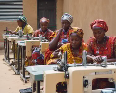 A group of people gathered in front of a building with large columns, holding signs advocating against violence and for women's empowerment. One sign reads 'NO VIOLENCE AGAINST' followed by different groups of people, written in colorful letters. Another sign urges to 'BREAK ALL the CHAINS!' and mentions the empowerment of women. The people are wearing casual clothing and some have orange shirts or jackets, and there is a uniformed officer present.