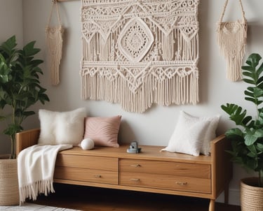 A decorative piece made of intertwined twigs and branches with the word 'Home' prominently displayed in white letters on top. The arrangement conveys a rustic and natural aesthetic, accented by textures of wood and subtle shadows.