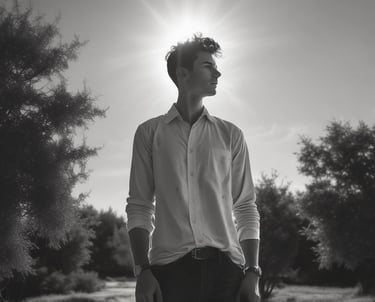 Several adults are gathered around a young girl, placing their hands gently on her shoulders in a supportive gesture. They seem to be outdoors, with trees and a small building visible in the background. The scene conveys a sense of care and community.