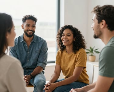 A warm circle of diverse people gently supporting each other in a cozy therapy room.