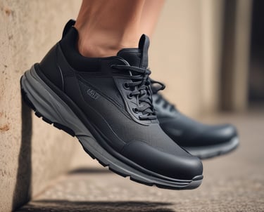 A person standing in the dirt with their feet up