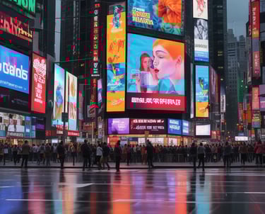 A person is looking at a display advertisement mounted on a wall. The advertisement features two individuals wearing ties and white shirts. Below the main image, there are smaller images, including one of the same individuals in different scenes. There are also signs next to the person, indicating directions to cinema houses and a cafe.