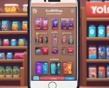 A smartphone displaying an app or game with cartoonish characters and greenery is resting on a laptop keyboard. The laptop screen shows a blurred, colorful background with a circular design.