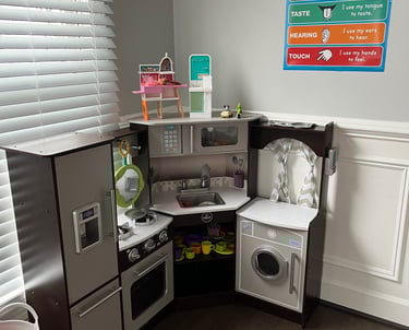 Photo of daycare room where children play. Small toy kitchen.