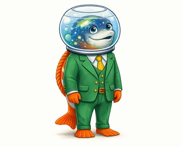 Surreal illustration of a fish mascot in a green business suit with a galaxy fishbowl head.