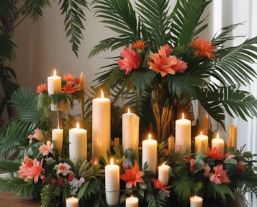 a sambac floral boquest with lots of candles