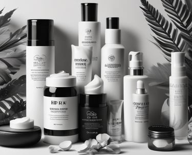 Close-up of various aesthetic products neatly arranged on a treatment table.