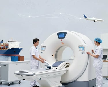 A sleek medical device being carefully loaded into a shipping container at a busy international port.