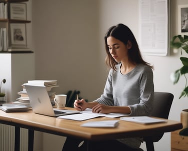 a woman sitting at a desk with a laptop and a notebook