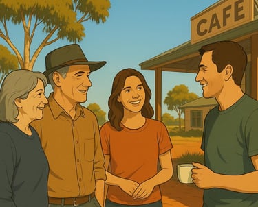 Four locals chatting outside a small Mallee café in bright morning light, gum trees and red soil behind them.