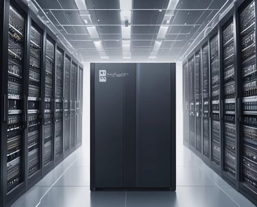 A high-tech supercomputing facility with interconnected servers.