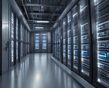 A high-performance computing setup with interconnected servers.