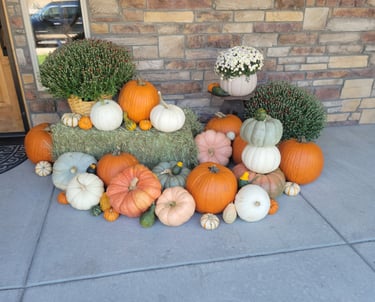 A pile of pumpkins and gourds with haybales and mum flowers on a porch