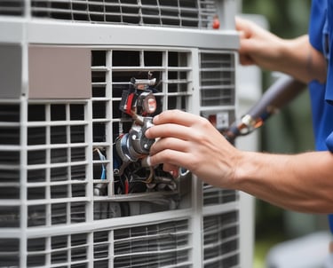 A technician installing an air conditioning unit in a modern living room.