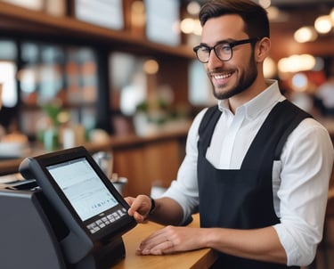 Hands using a touchscreen POS system in a busy café environment.