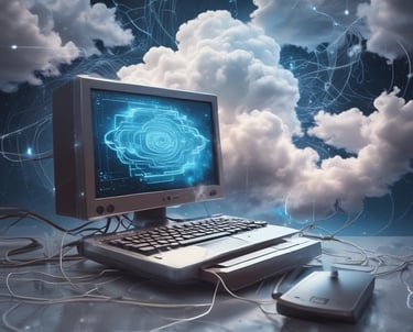 A professional setting with servers and cloud network diagrams on screens.