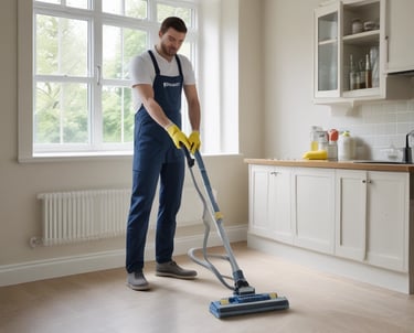 A professional cleaner carefully making a bed with crisp, fresh linens in a bright, welcoming short-term rental.