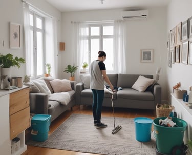 A worker is suspended on ropes, cleaning the windows of a large brick building. The person is equipped with cleaning gear, including a brush and a safety harness attached to a bucket of supplies. The window panes have visible streaks being cleaned, contrasted against the industrial background of brick and metal.