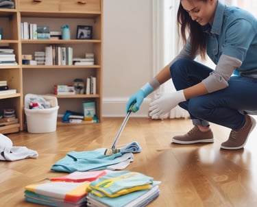 A person is cleaning a glass surface on a modern building using a squeegee. They stand on a narrow ledge with a safety harness attached. Another person is on an escalator inside the building, partially visible through the glass.