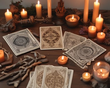 A serene tarot reading setup with cards and candles.