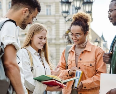 International students studying together on campus.