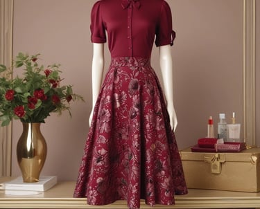 Four mannequins dressed in a variety of long-sleeved blouses and flowing skirts, each wearing a headscarf. The mannequins are displayed in a storefront with a reflective ceiling creating a pattern above. The image is in black and white, emphasizing contrast and texture.