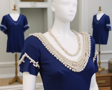 A woman is dressed in a traditional, flowing garment with soft, translucent layers. Her attire includes a long, beige dress with white underlayers and matching boots. She is captured in a graceful pose, looking downwards with her hands gathered near her waist. Her hair is neatly styled and pinned back, complementing the elegantly serene setting.