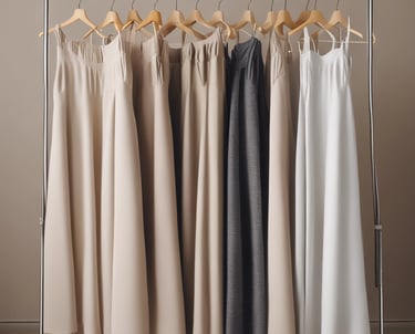 A woman is dressed in a traditional, flowing garment with soft, translucent layers. Her attire includes a long, beige dress with white underlayers and matching boots. She is captured in a graceful pose, looking downwards with her hands gathered near her waist. Her hair is neatly styled and pinned back, complementing the elegantly serene setting.