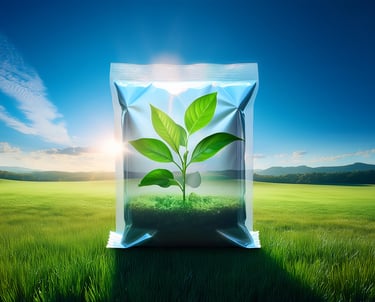 a bag of green plants in a field