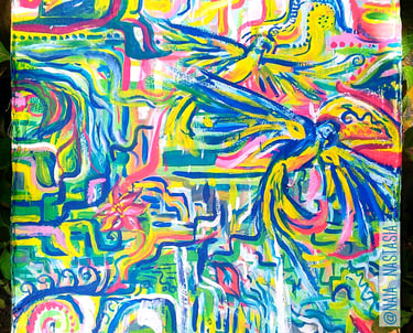 peinture aux couleurs vives entre abstrait et concret, avec fleurs cascade et perroquets