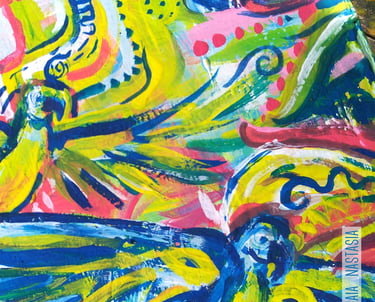 peinture aux couleurs vives entre abstrait et concret, avec fleurs cascade et perroquets