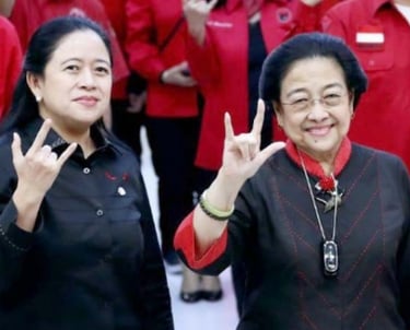a woman in a red shirt and black pants, Megawati Soekarnoputri and Puan Maharani