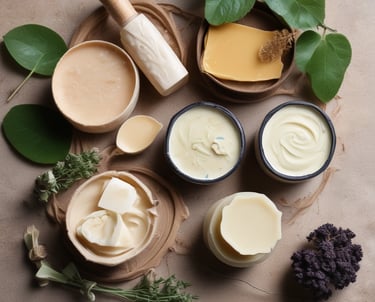 A round container of hemp whipped body butter is placed on a wooden surface. The label highlights that it contains organic certified ingredients and promotes its properties such as being an antioxidant and skin conditioner. The background features a calming, blurred teal color.