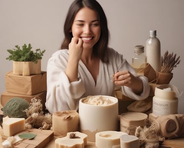 A hand is applying a substance, likely a body balm, on the back of the other hand. There are two small jars near the hand, labeled "Ginger Honey Hemp Body Balm." The background is simple and there are decorative elements like green moss-like spheres and small flowers on the surface. The person is wearing a bracelet with colorful beads.