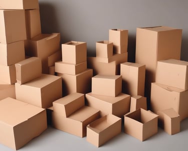 A stack of plain, cardboard boxes with hexagonal cutouts is on a table. In the background, a person wearing headphones and a mask is visible, likely engaging in a craft or work activity.