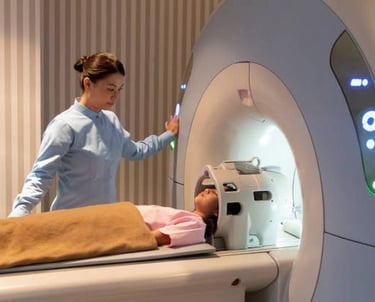 Medical staff assisting patient before MRI scan at Delhi diagnostic center.