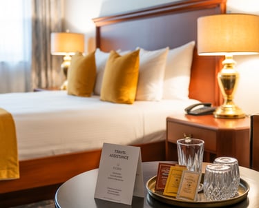 Hotel room with golden pillows and bedside lamp – budget travel deals