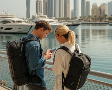 Couple with backpacks at Dubai Marina, checking travel plans on phone with yachts and skyline in background.