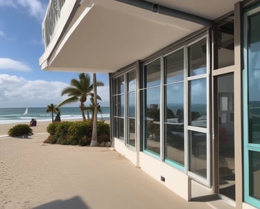 A worker is suspended on ropes, cleaning the windows of a large brick building. The person is equipped with cleaning gear, including a brush and a safety harness attached to a bucket of supplies. The window panes have visible streaks being cleaned, contrasted against the industrial background of brick and metal.
