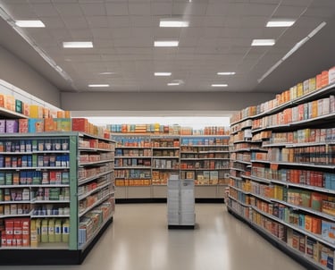 A traditional shop selling various dried goods, with shelves full of jars and containers. Two men interact in the brightly lit store, surrounded by an array of packaged products and handwritten signs displaying prices. Hanging light bulbs add a warm glow to the bustling environment.