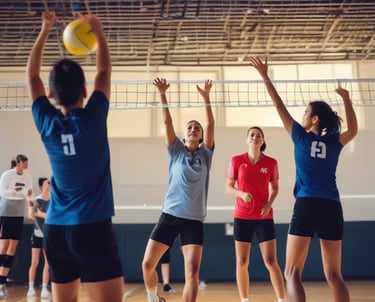 A group of female lacrosse players are gathered on a sports field. They are wearing uniforms in red and white, representing opposing teams. Some players hold lacrosse sticks high, indicating a moment of celebration or discussion. Referees in striped shirts are present, and a stone wall forms the background with a track running behind the field.