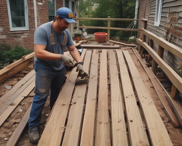 A construction site with concrete forms and wooden planks arranged on the ground. Tools and materials are scattered around, including a blue tarp, bucket, cutting tools, and electrical cables. Sunlight casts shadows on the concrete surface.