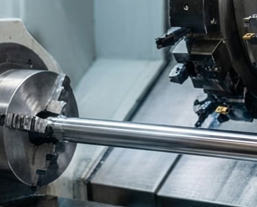 Precision CNC lathe machine machining a metal cylinder part in an industrial manufacturing workshop.