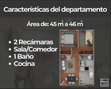 FECA Características Depto.  Plano con 2 recamaras, sala comedor, baño y cocina. 45 y 46 m2