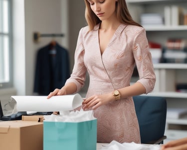 a woman in a black dress standing in front of a desk with a laptop