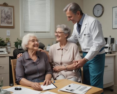A healthcare professional is standing beside a patient who is lying in a hospital bed. The professional is wearing a surgical cap, mask, and white coat, while holding a clipboard. The patient is covered with a blue sheet and also wears a mask. Medical equipment is visible in the background.