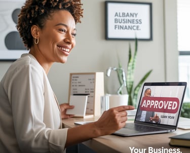 Albany small business owner celebrating fast credit approval on laptop